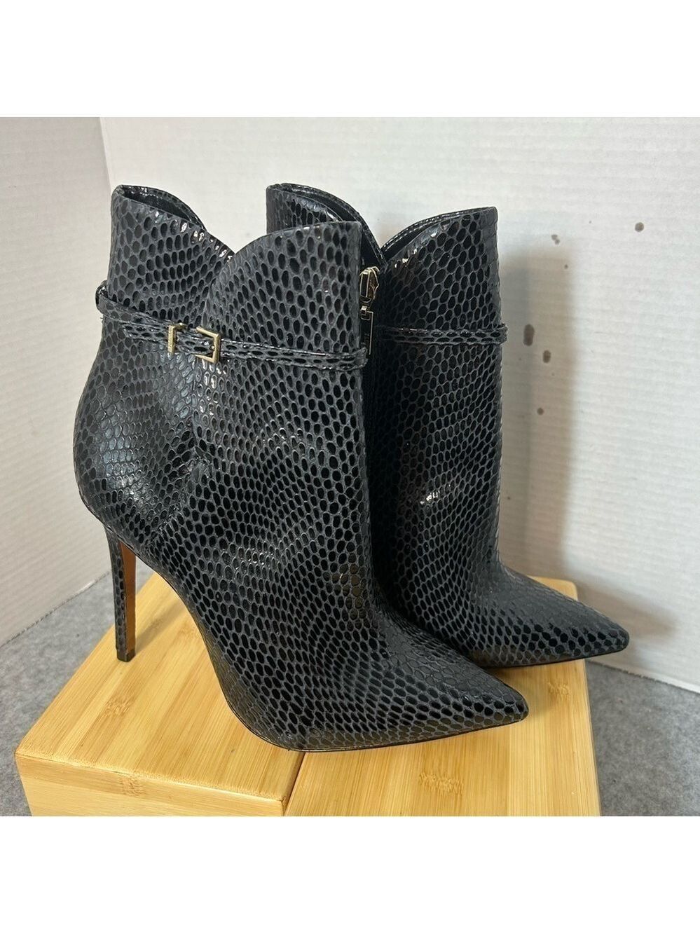 SCHUTZ Boots Women 8.5 Black Snake Print Bette Toe Leather Booties Stilettos